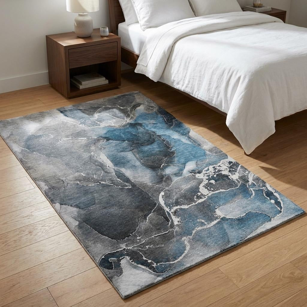 3' X 5' Blue And Gray Abstract Shag Washable Area Rug With UV Protection - Home & Garden