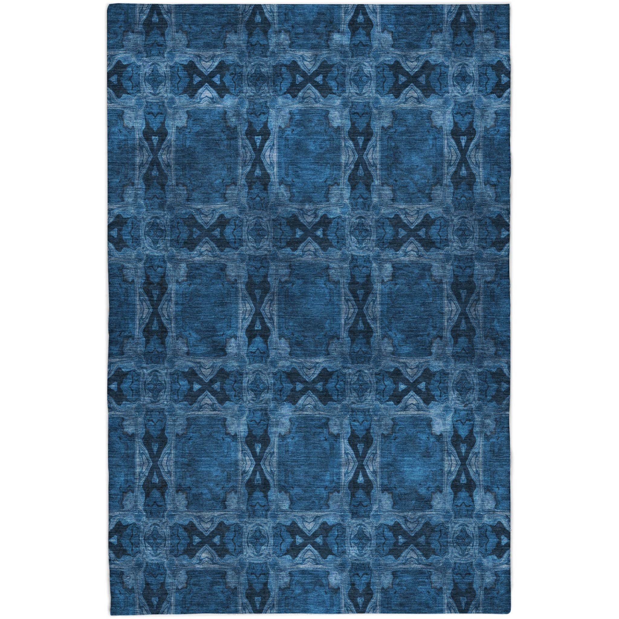 5' X 8' Navy Blue And Gray Geometric Shag Washable Area Rug With UV Protection - Home & Garden