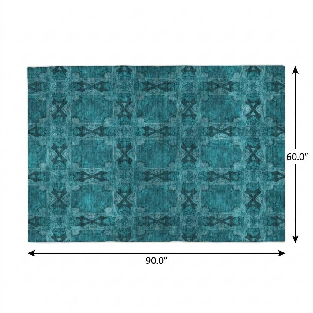 5' X 8' Teal And Charcoal Geometric Shag Washable Area Rug With UV Protection - Home & Garden