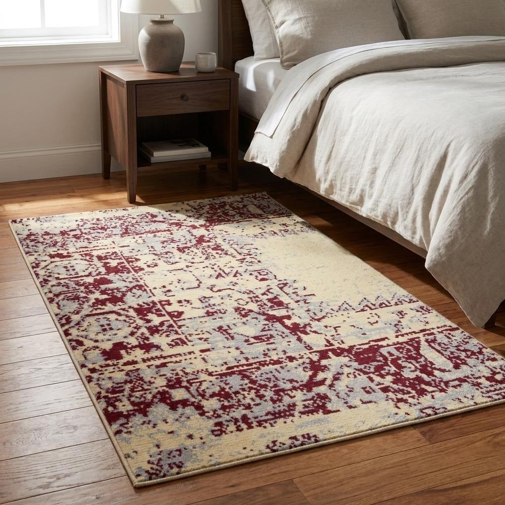 3' X 5' Cream Gray and Red Medallion Distressed Non Skid Area Rug - Home & Garden