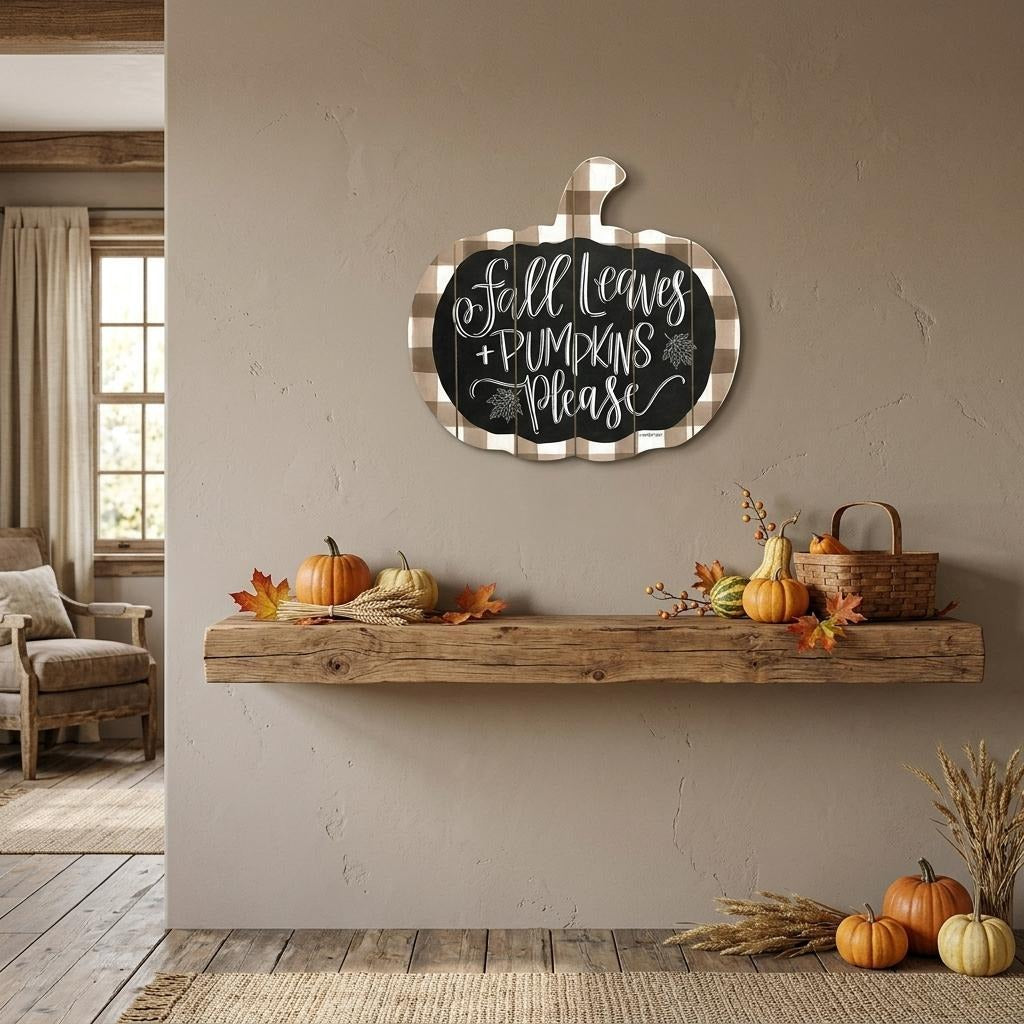 15" X 17" Brown And White Fall Leaves and Pumpkins Please Hanging Dimensional Sculpture - Home Decor
