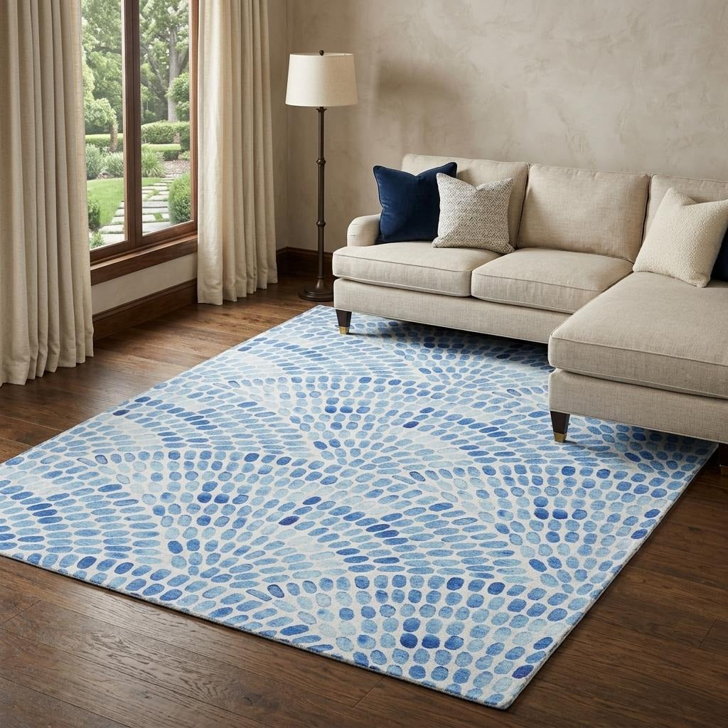 10' X 14' Blue And Denim Blue Geometric Shag Washable Area Rug With UV Protection - Home & Garden