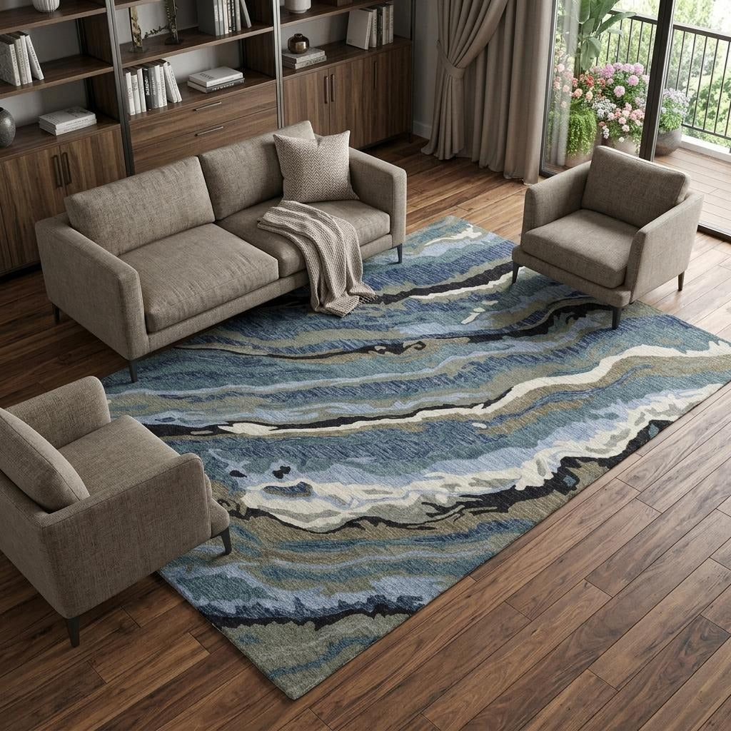 10' X 13' Blue And Teal Wool Abstract Hand Tufted Area Rug - Home & Garden