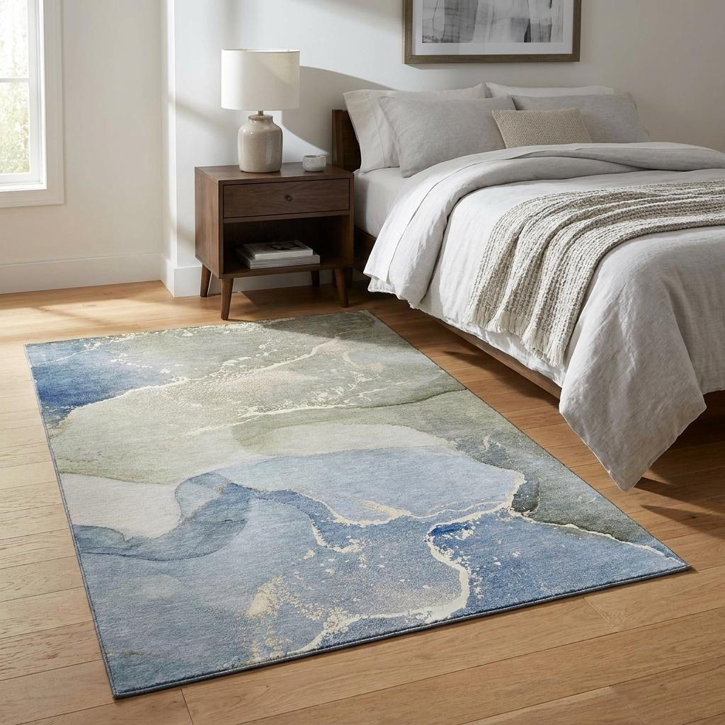 3' X 5' Blue Gray And Ivory Abstract Washable Area Rug With UV Protection - Home & Garden