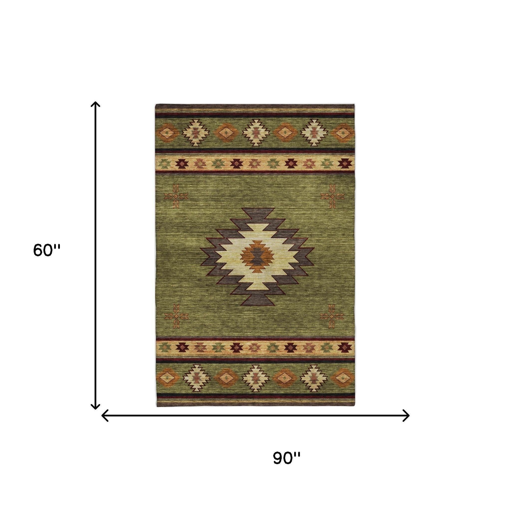 5' X 8' Green And Burgundy Geometric Shag Washable Area Rug With UV Protection - Home & Garden