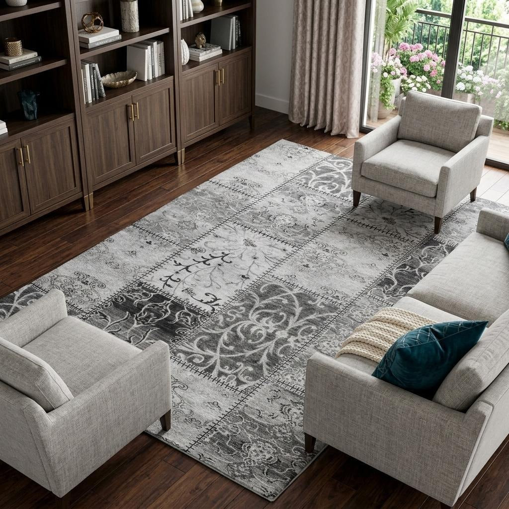 10' X 14' Gray And Silver Floral Shag Washable Area Rug With UV Protection - Home & Garden