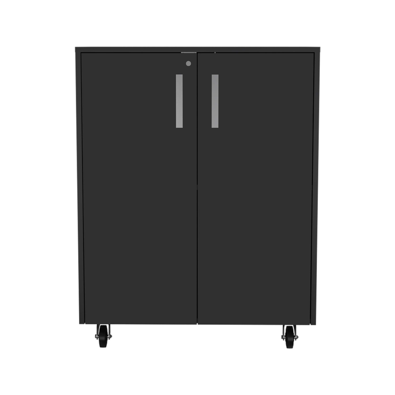 35" Black Wood Rolling Storage Cabinet With Two Doors - Kitchen & Dining
