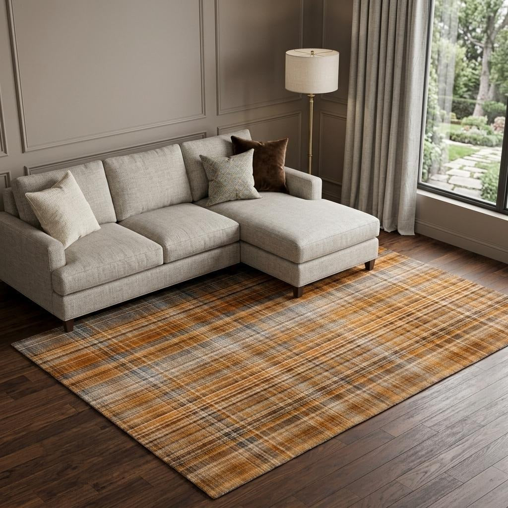 10' X 14' Terra Cotta And Taupe Plaid Shag Washable Area Rug With UV Protection - Home & Garden