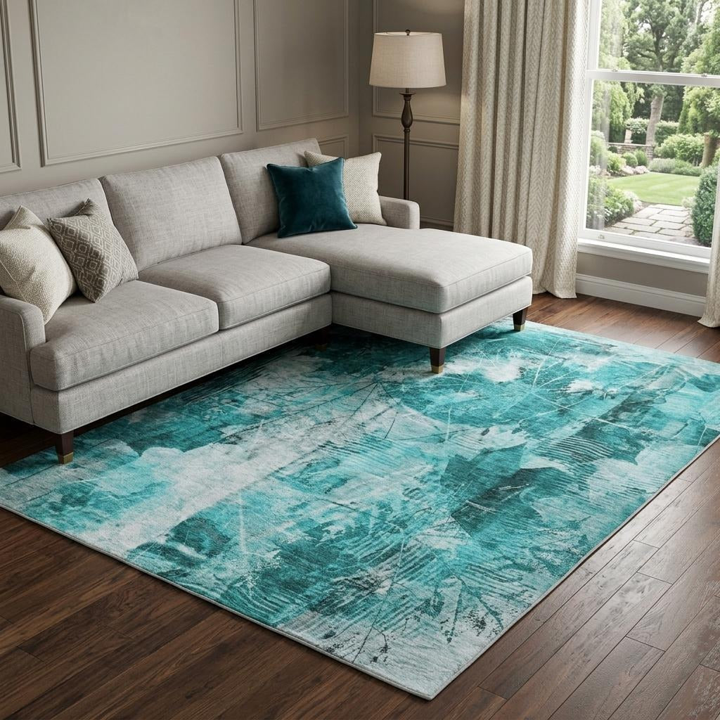 10' X 14' Teal And Ivory Floral Shag Washable Area Rug With UV Protection - Home & Garden