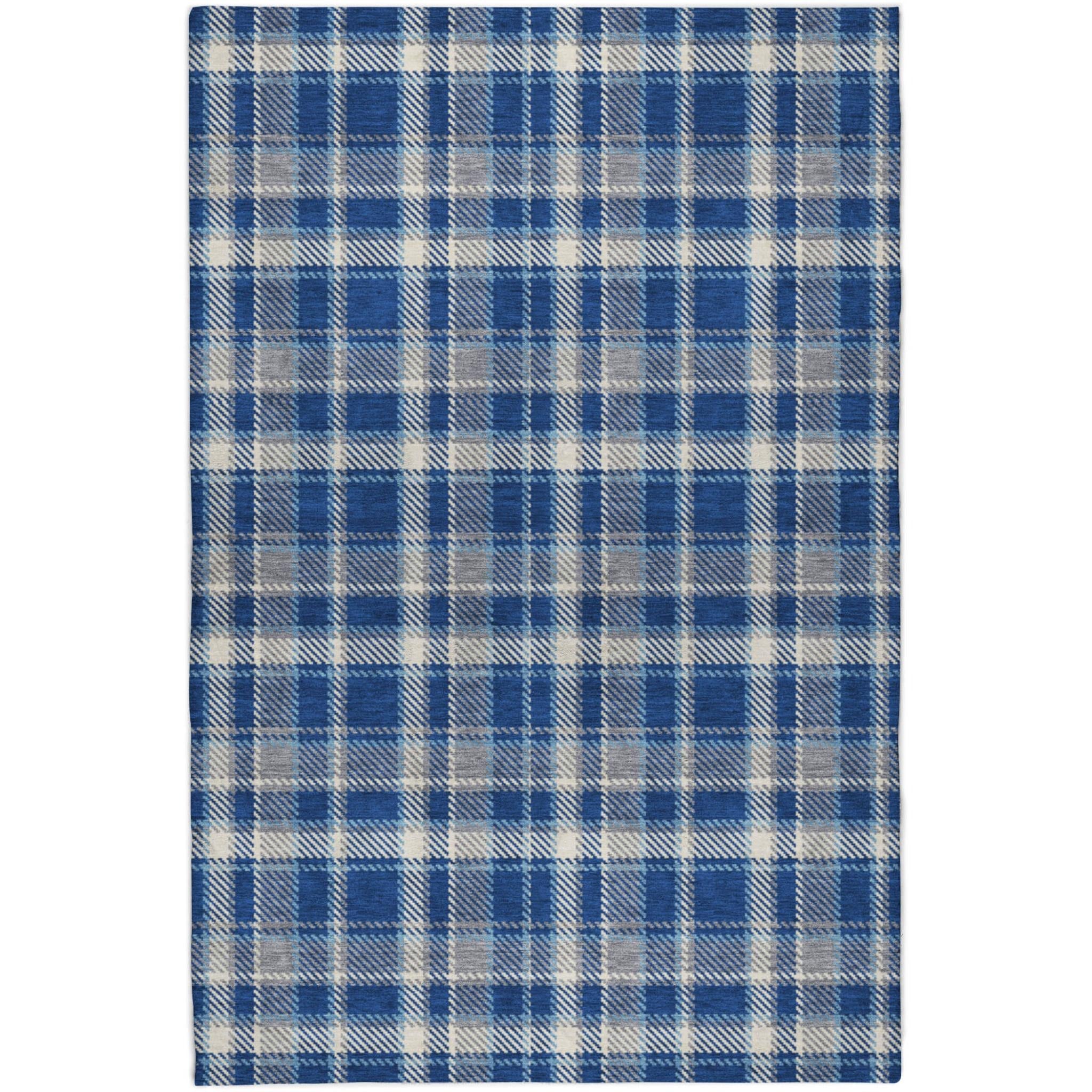 5' X 8' Navy Blue And Denim Blue Plaid Shag Washable Area Rug With UV Protection - Home & Garden