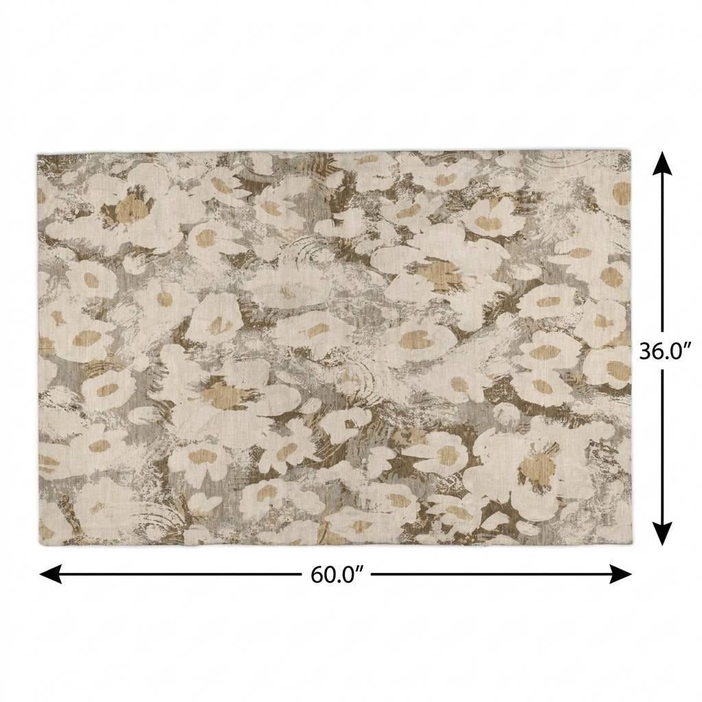 3' X 5' Khaki And Brown Floral Shag Washable Area Rug With UV Protection - Home & Garden