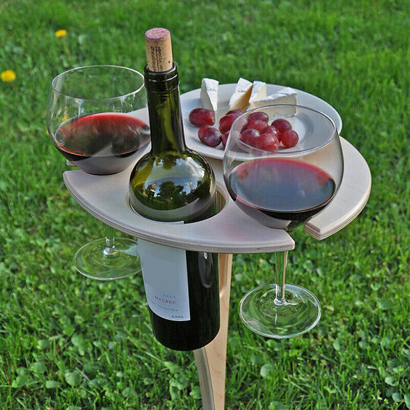 Outdoor Wine Table Portable Picnic Table Wine Glass Racks Foldable Round Desktop Wooden Picnic Table Garden Collapsible Table