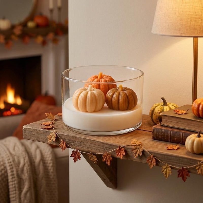 4" Brown Orange And White Apple And Pumpkin Scented Mini Pumpkin Candles In Clear Glass Jar - Home & Garden