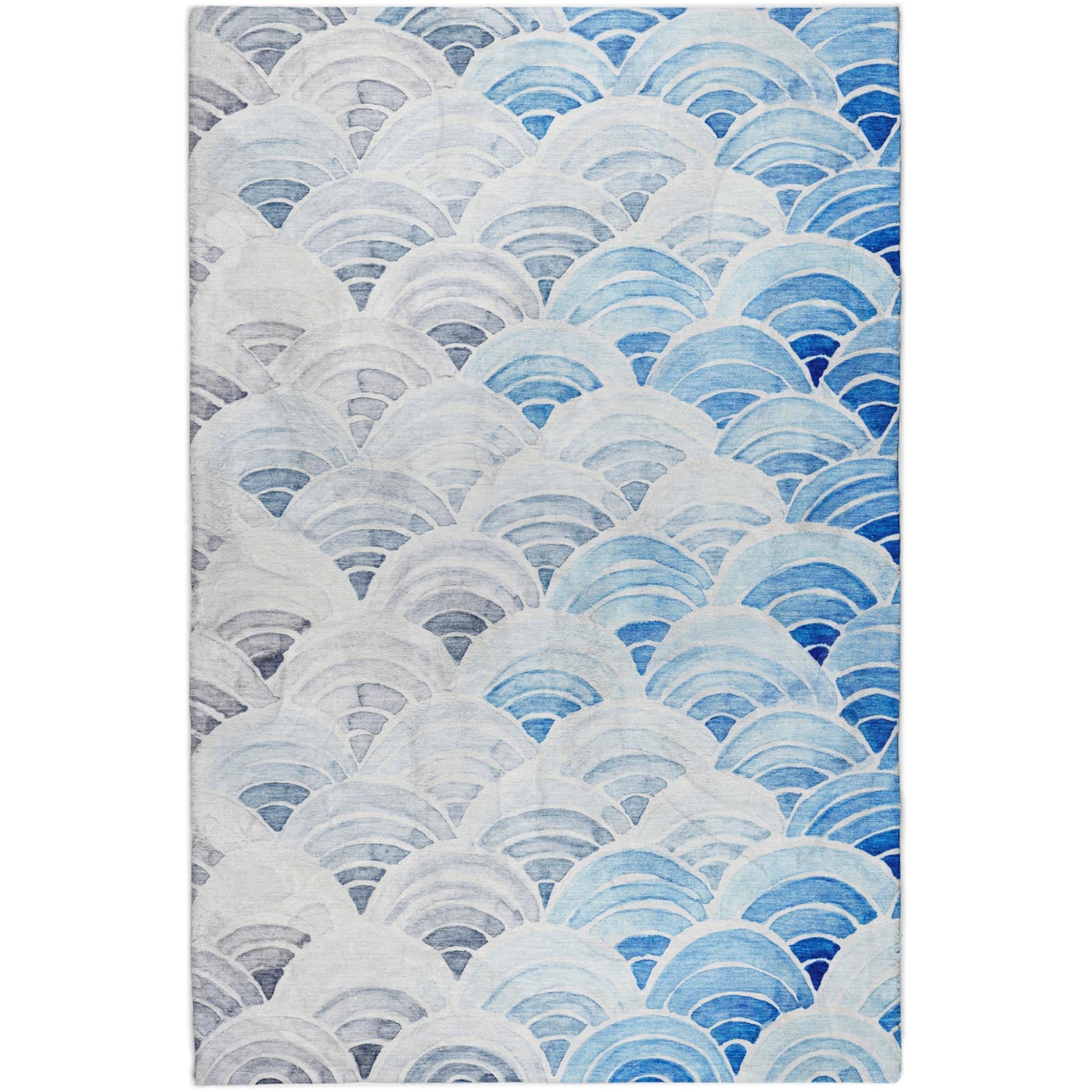 5' X 8' Blue And Denim Blue Geometric Shag Washable Area Rug With UV Protection - Home & Garden