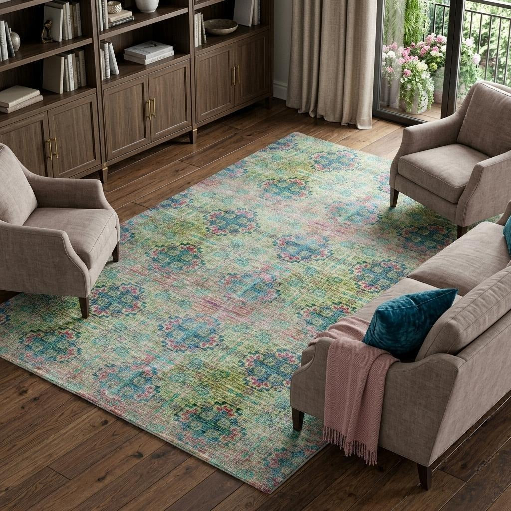 10' X 14' Green And Teal Medallion Shag Washable Area Rug With UV Protection - Home & Garden