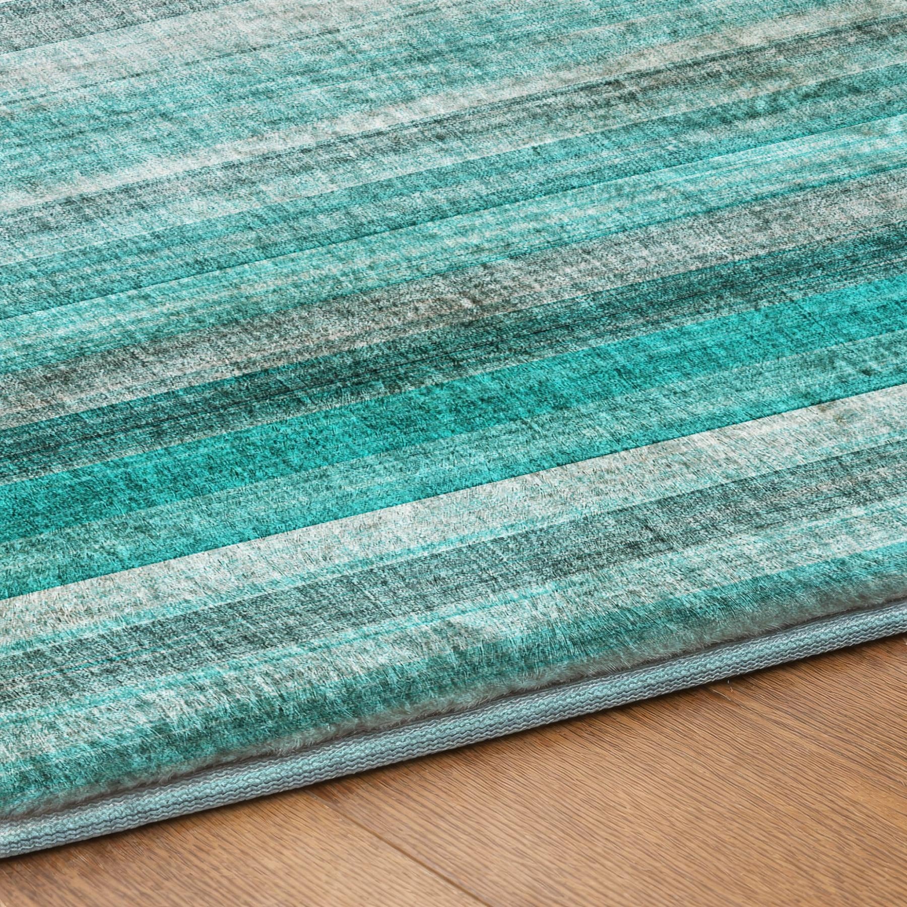 10' X 14' Teal And Gray Striped Shag Washable Area Rug With UV Protection - Home & Garden