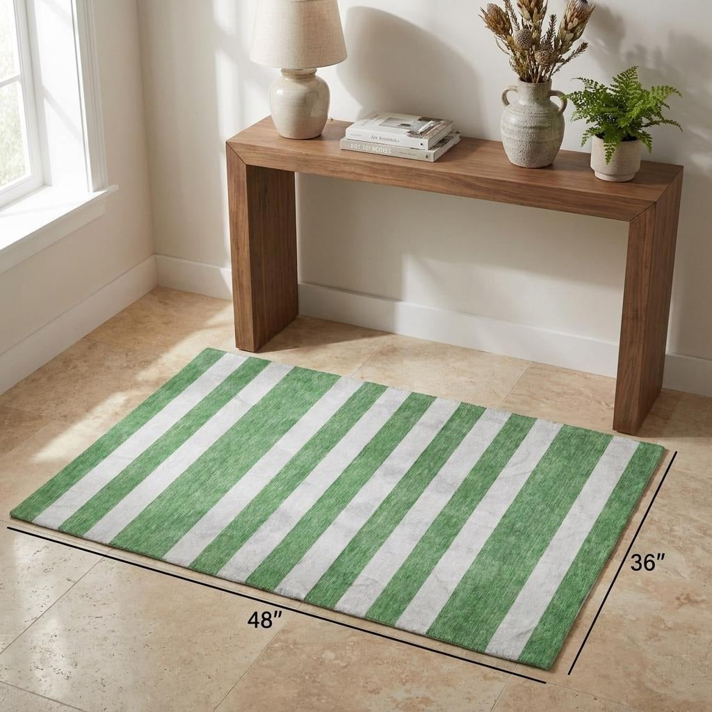 3' X 5' Green And Ivory Striped Shag Washable Area Rug With UV Protection - Home & Garden