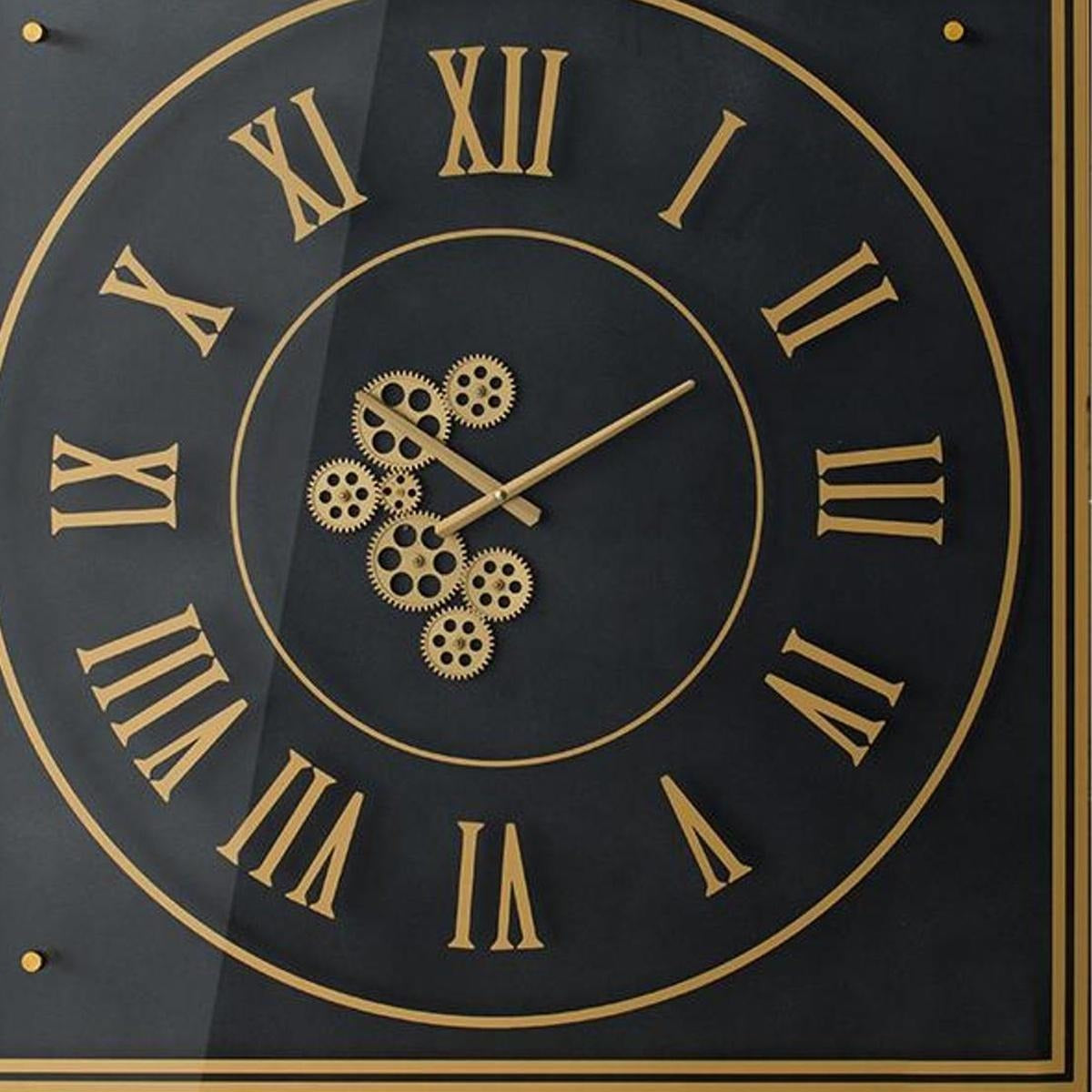 35" Black And Gold Glass And Metal Exposed Gear Square Wall Clock - Home Decor
