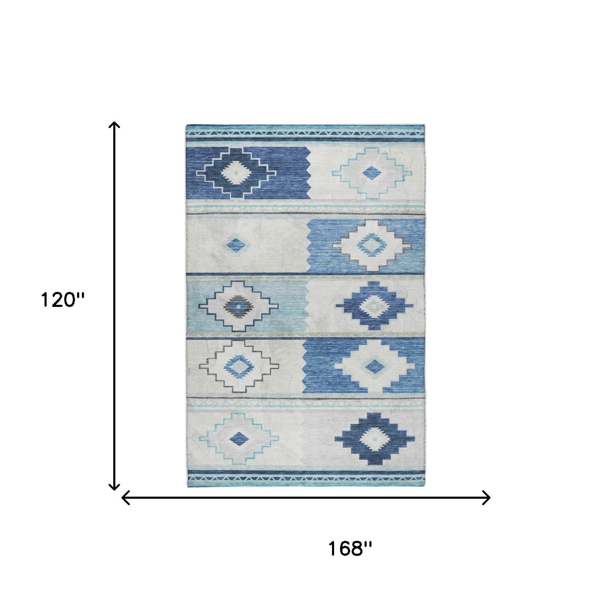 10' X 14' Blue And Denim Blue Geometric Shag Washable Area Rug With UV Protection - Home & Garden