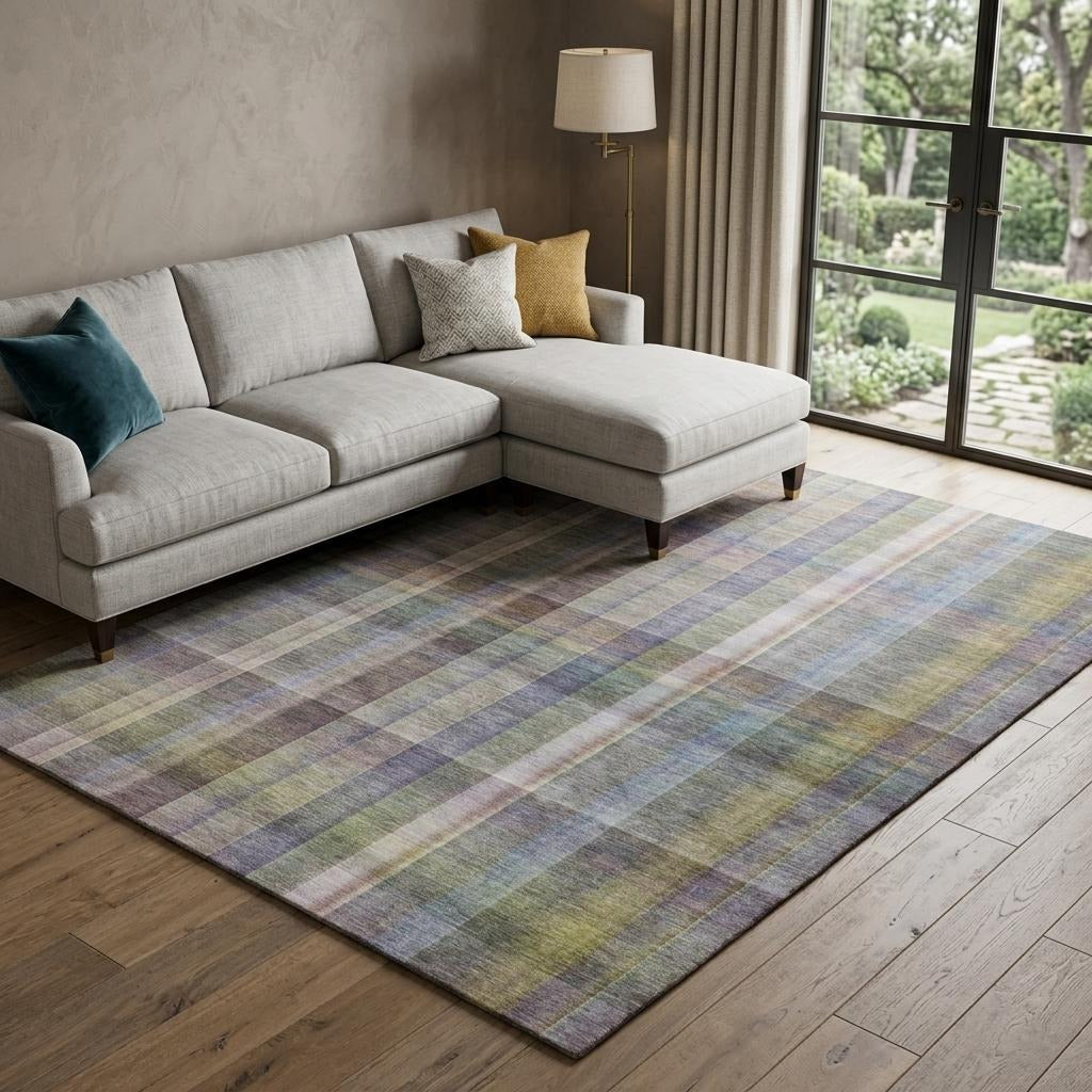 10' X 14' Pewter And Gray Plaid Shag Washable Area Rug With UV Protection - Home & Garden