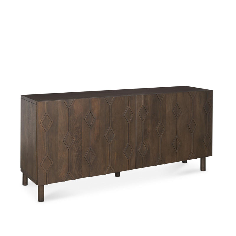 71" Dark Brown Solid Wood Carved Geometric Sideboard Soft Close with Four Doors - Kitchen & Dining