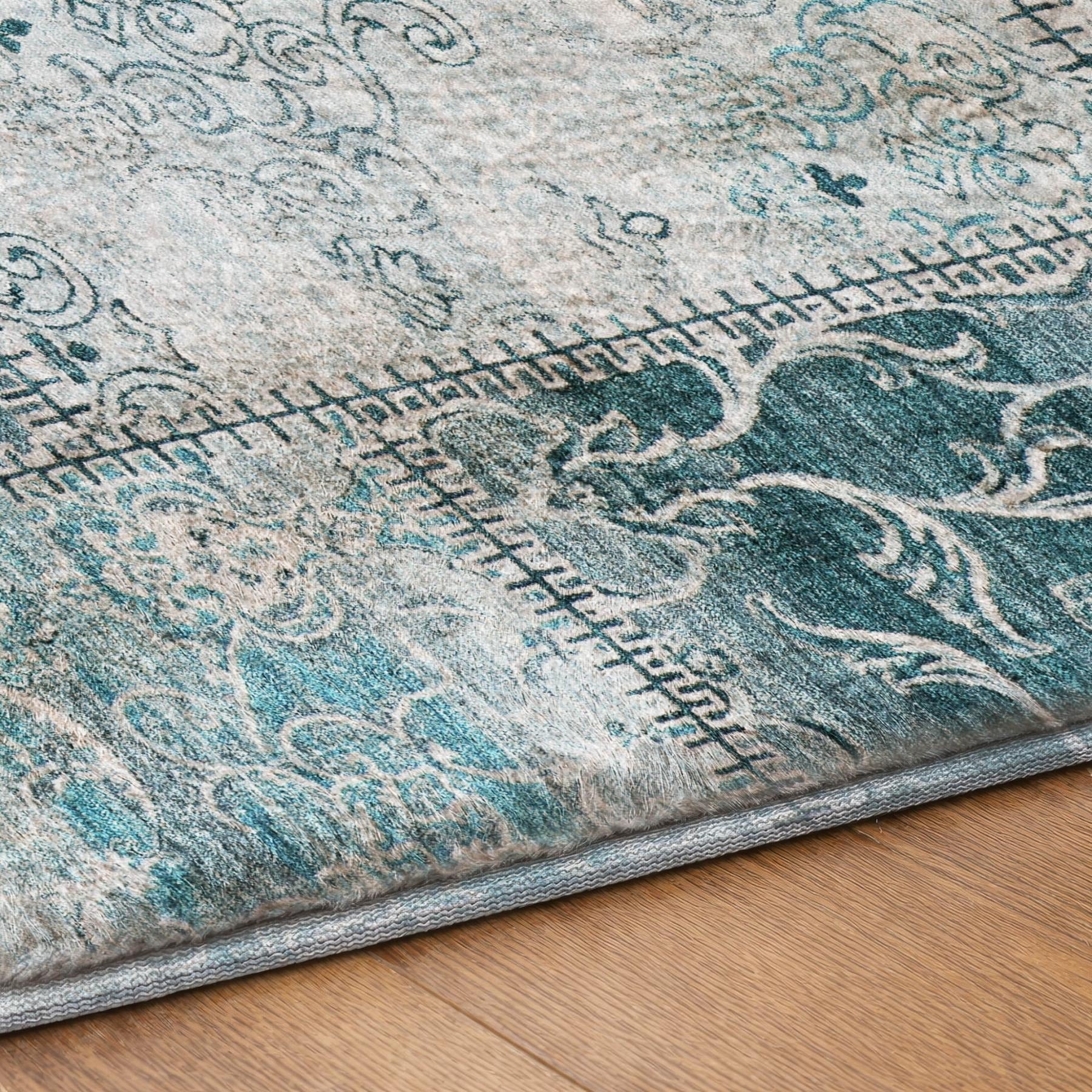 3' X 5' Teal And Ivory Floral Shag Washable Area Rug With UV Protection - Home & Garden