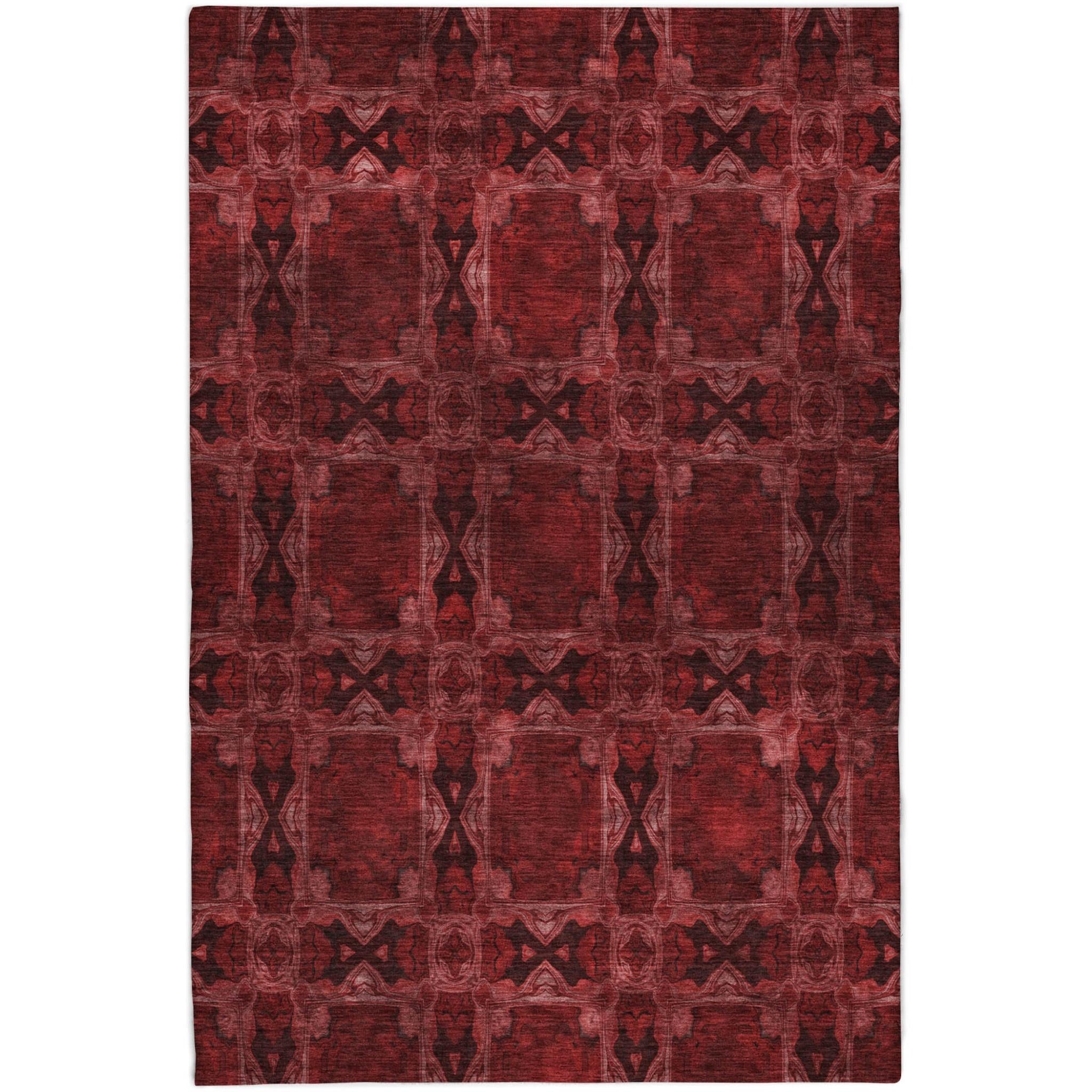 5' X 8' Burgundy And Red Geometric Shag Washable Area Rug With UV Protection - Home & Garden