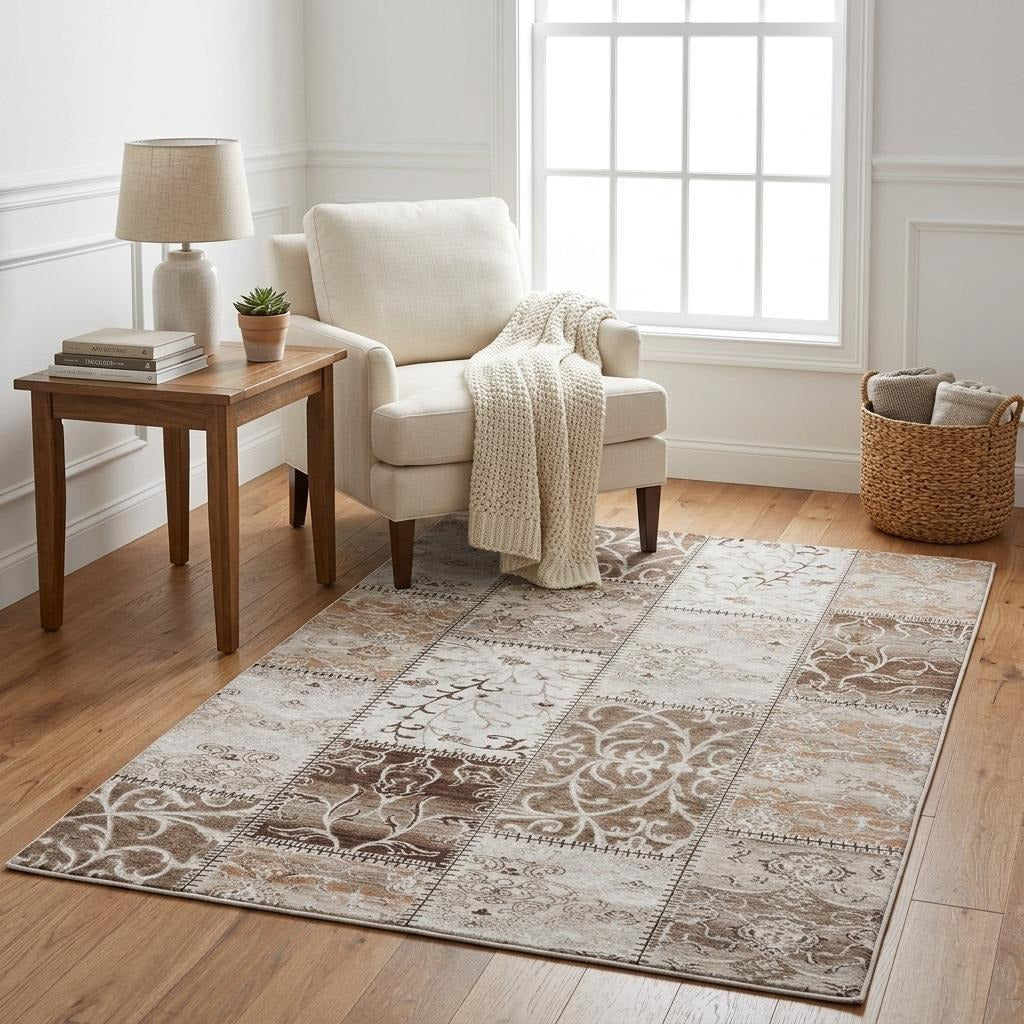 5' X 8' Beige And Brown Floral Shag Washable Area Rug With UV Protection - Home & Garden