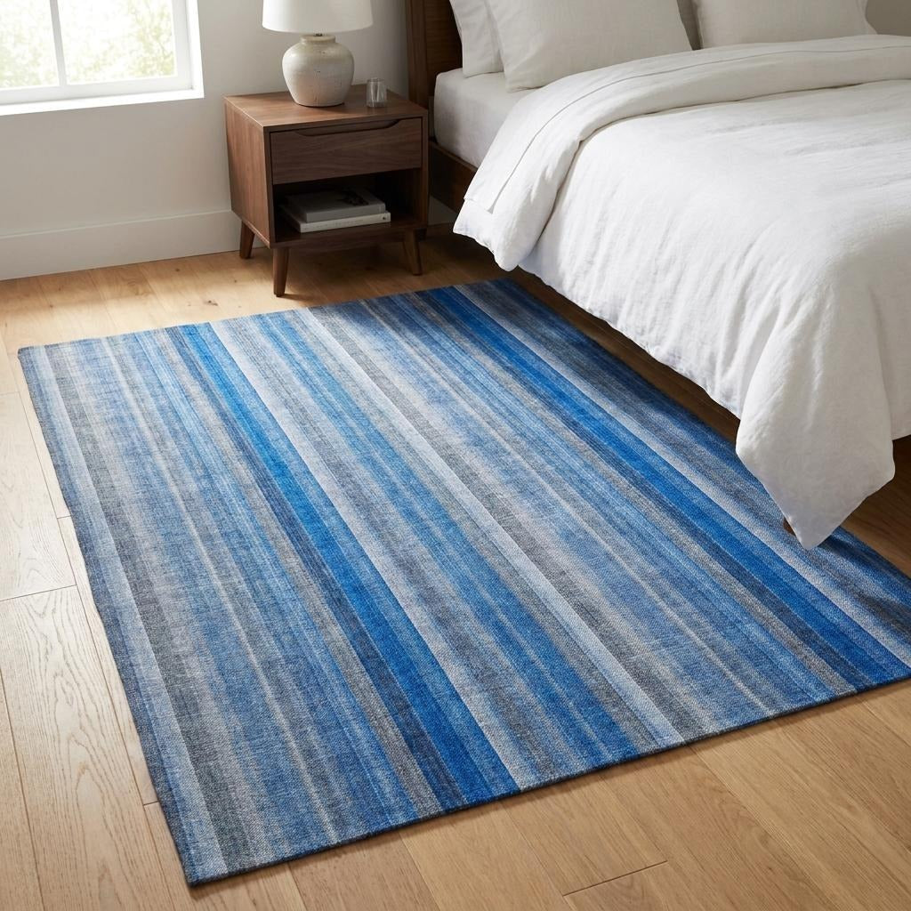 3' X 5' Blue And Gray Striped Shag Washable Area Rug With UV Protection - Home & Garden
