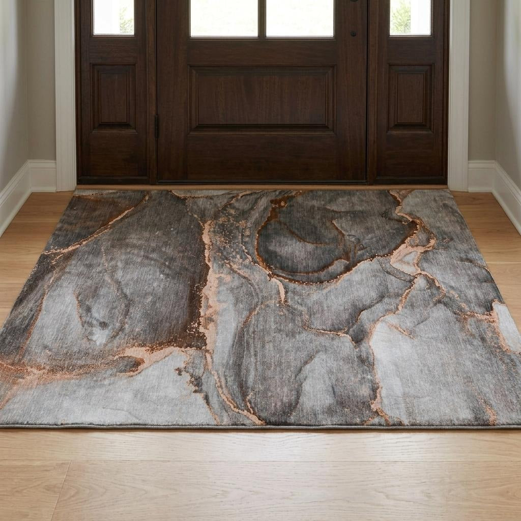 3' X 5' Peach And Gray Abstract Shag Washable Area Rug With UV Protection - Home & Garden
