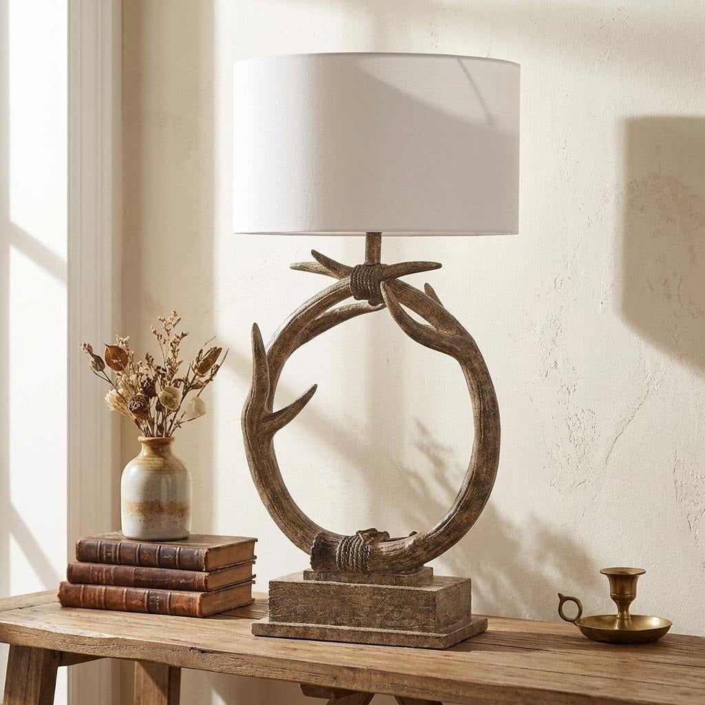 27" Brown Rustic Faux Antlers Table Lamp With White Drum Shade - Lighting