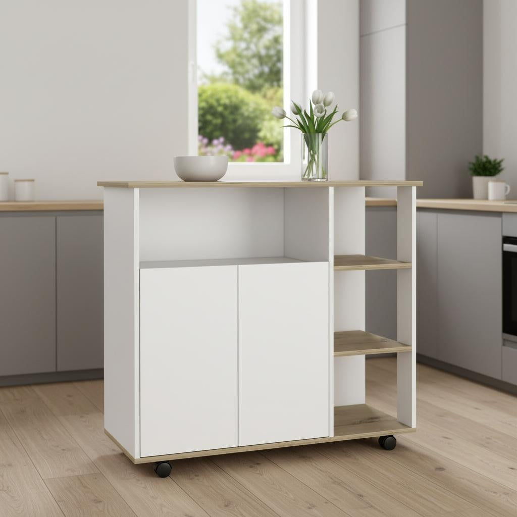 39" Oak and White Wood Rolling Kitchen Island With Storage - Kitchen & Dining