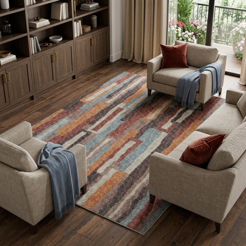 10' X 14' Orange And Burgundy Striped Shag Washable Area Rug With UV Protection - Home & Garden