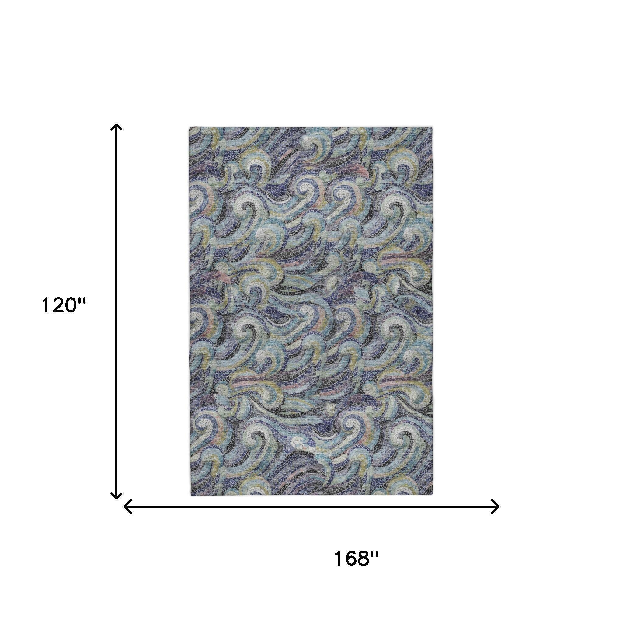 10' X 14' Navy Blue And Denim Blue Abstract Shag Washable Area Rug With UV Protection - Home & Garden
