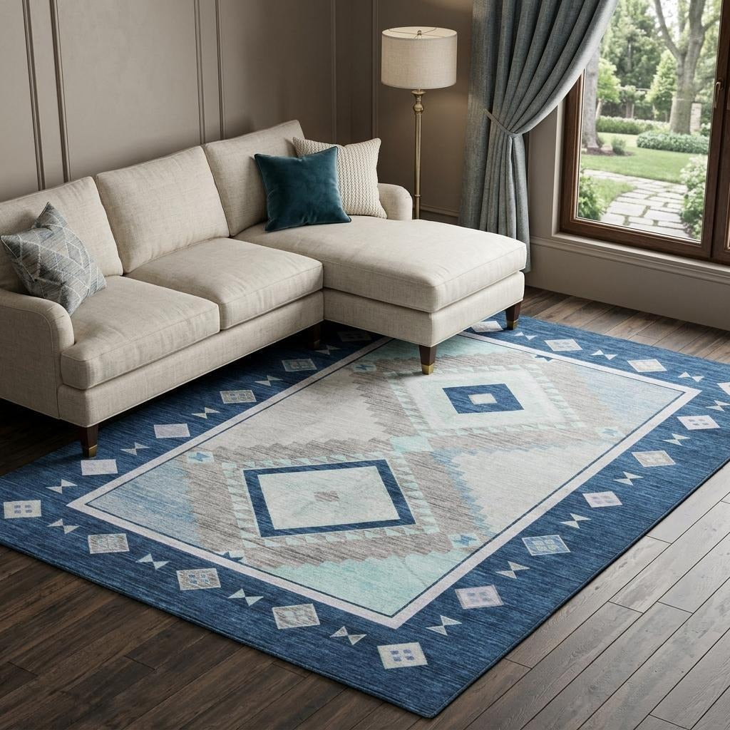 10' X 14' Blue And Denim Blue Geometric Shag Washable Area Rug With UV Protection - Home & Garden