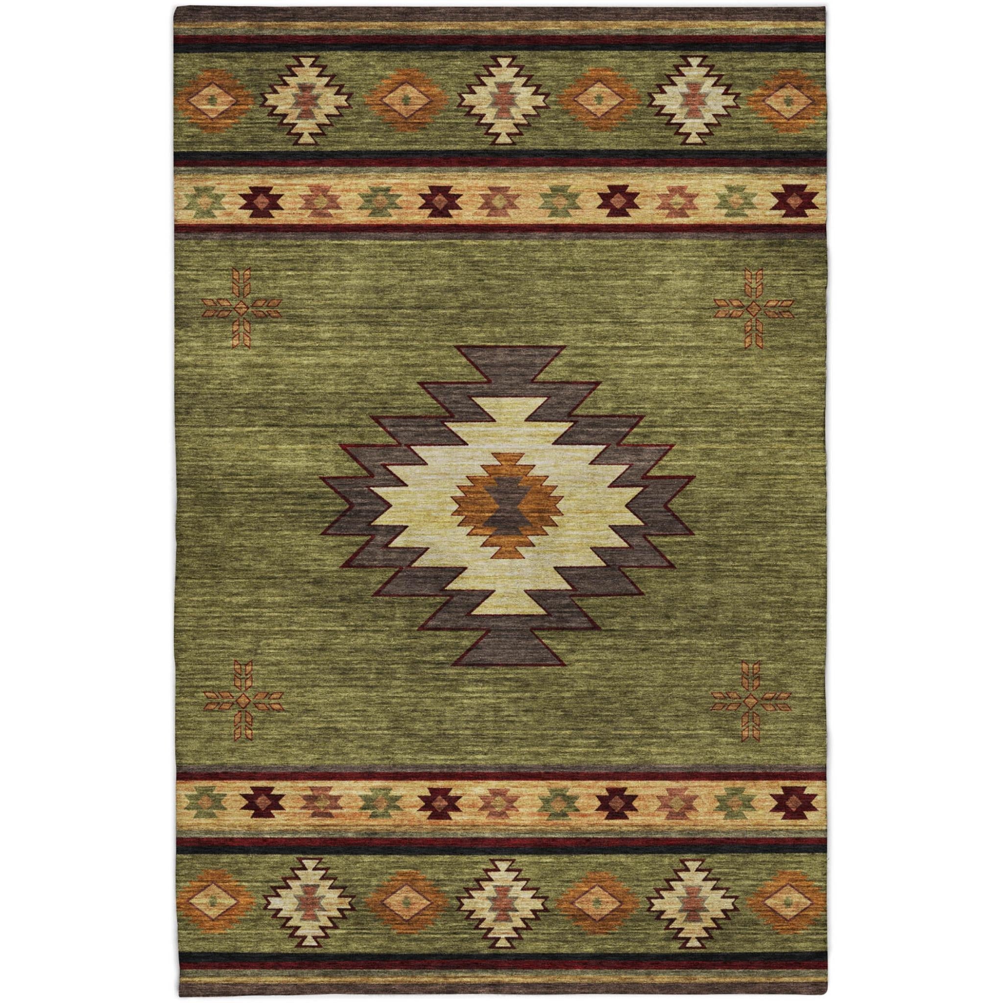 5' X 8' Green And Burgundy Geometric Shag Washable Area Rug With UV Protection - Home & Garden