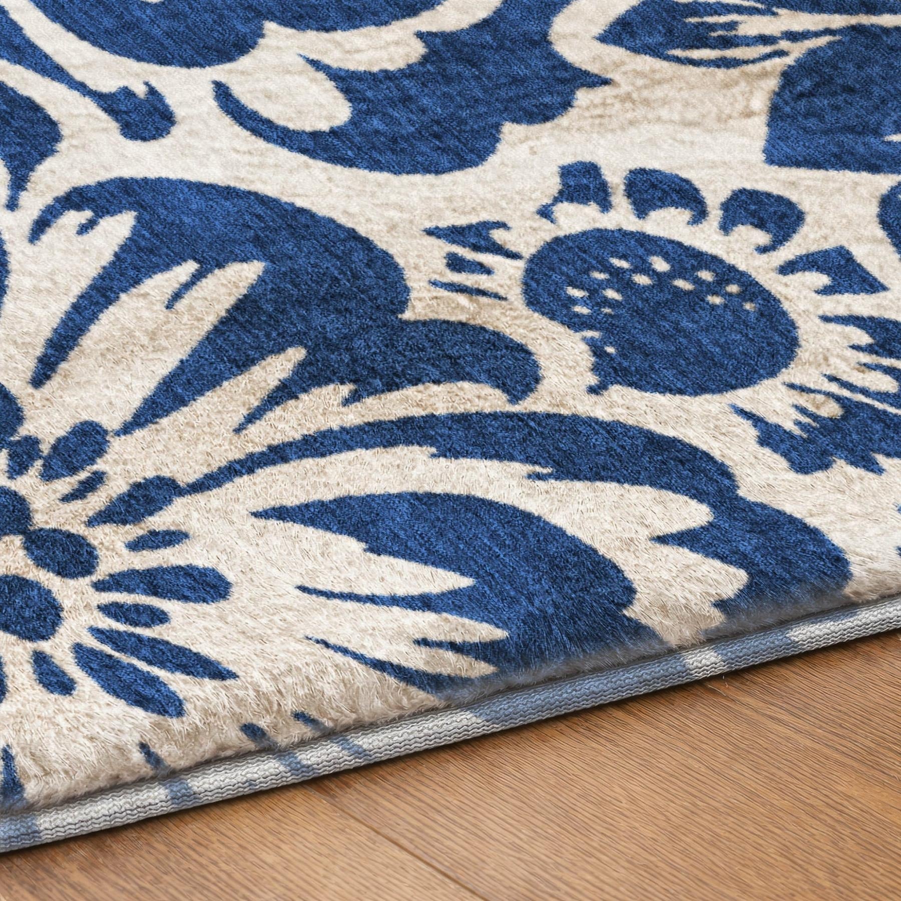 8' Navy Blue And Ivory Floral Shag Washable Round Rug With UV Protection - Home & Garden