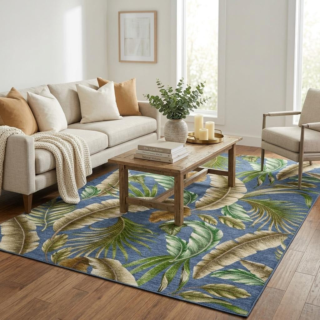 5' X 8' Blue And Chocolate Floral Shag Washable Area Rug With UV Protection - Home & Garden