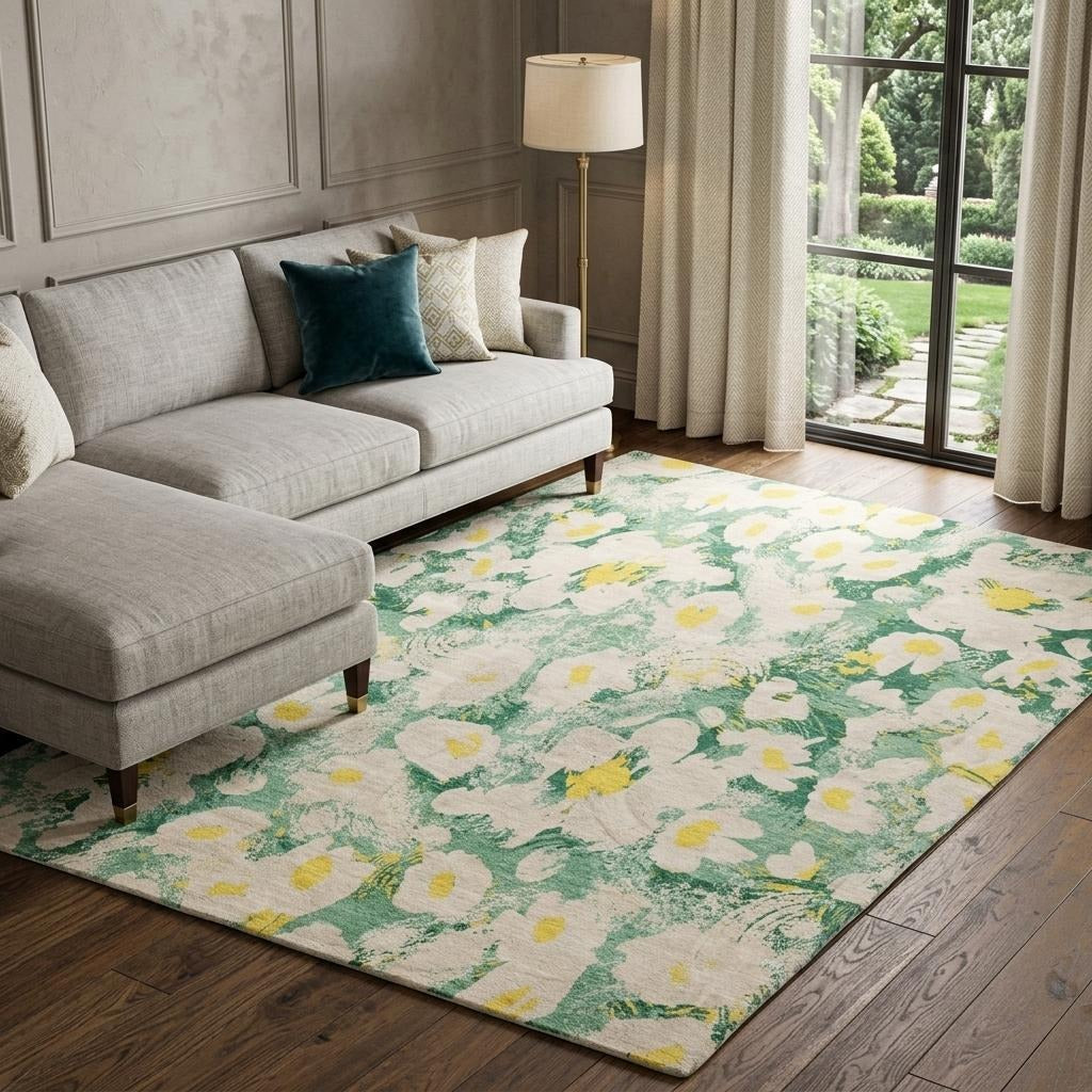 10' X 14' Green And Gold Floral Shag Washable Area Rug With UV Protection - Home & Garden