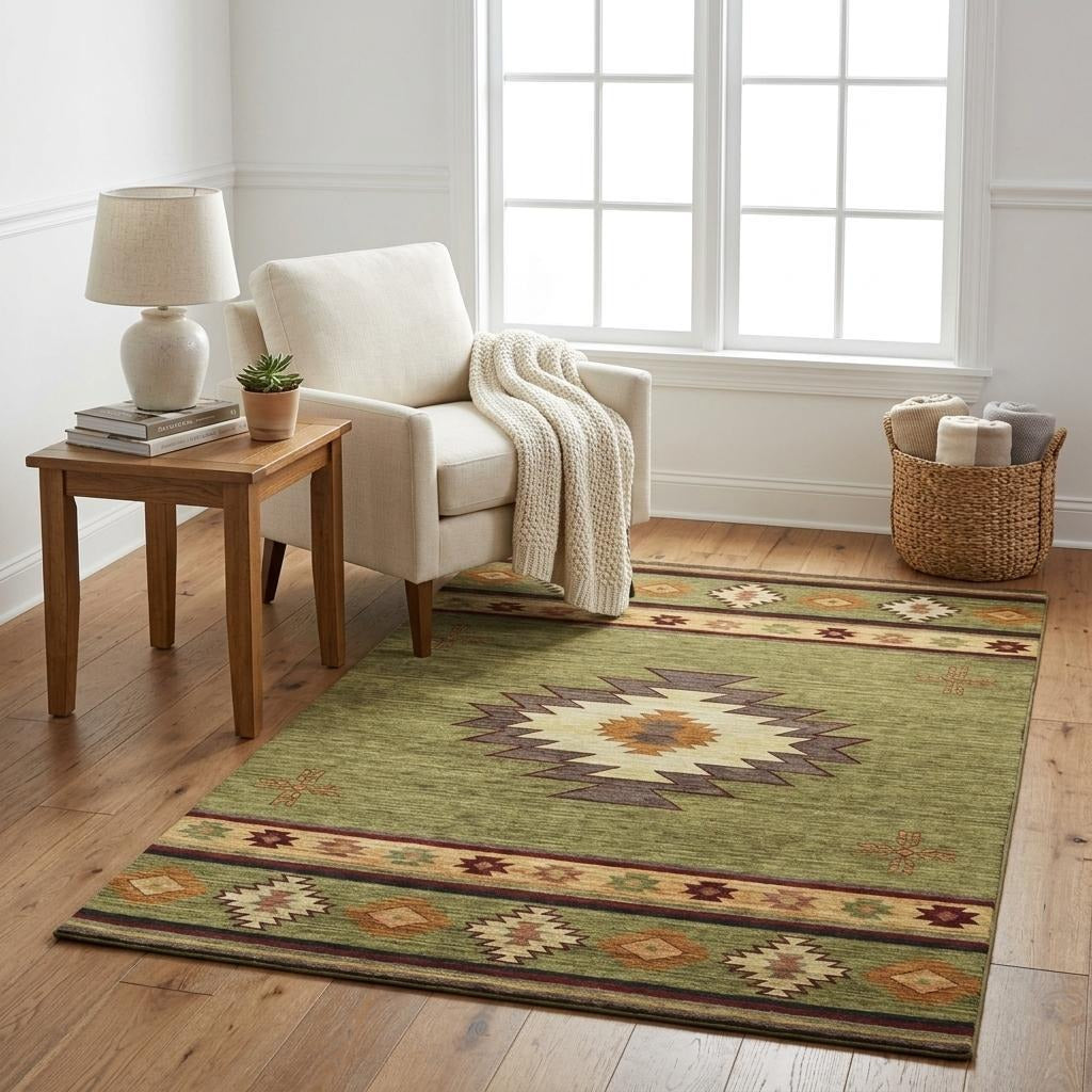 5' X 8' Green And Burgundy Geometric Shag Washable Area Rug With UV Protection - Home & Garden