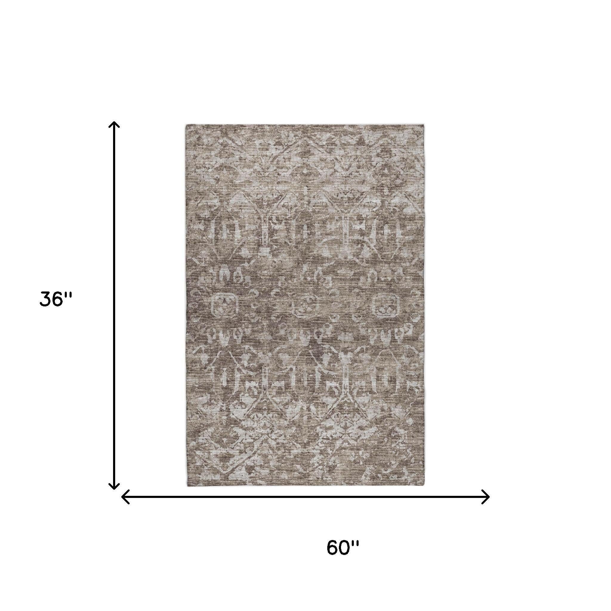 3' X 5' Brown And Charcoal Oriental Shag Washable Area Rug With UV Protection - Home & Garden