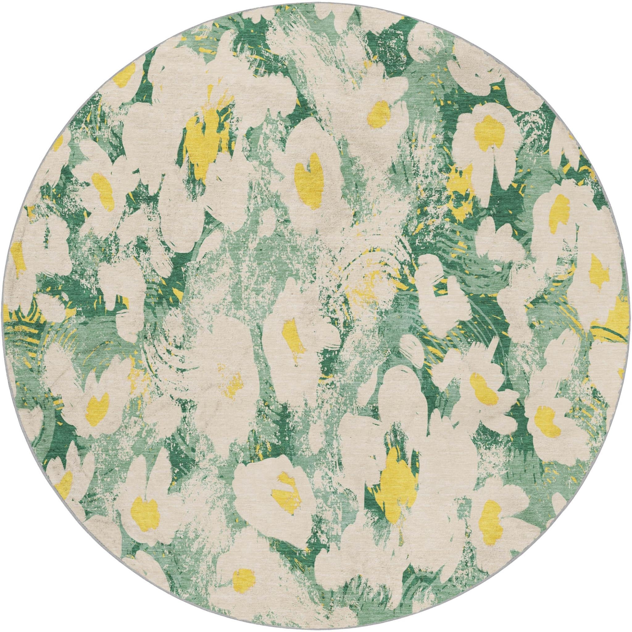 8' Green And Gold Floral Shag Washable Round Rug With UV Protection - Home & Garden