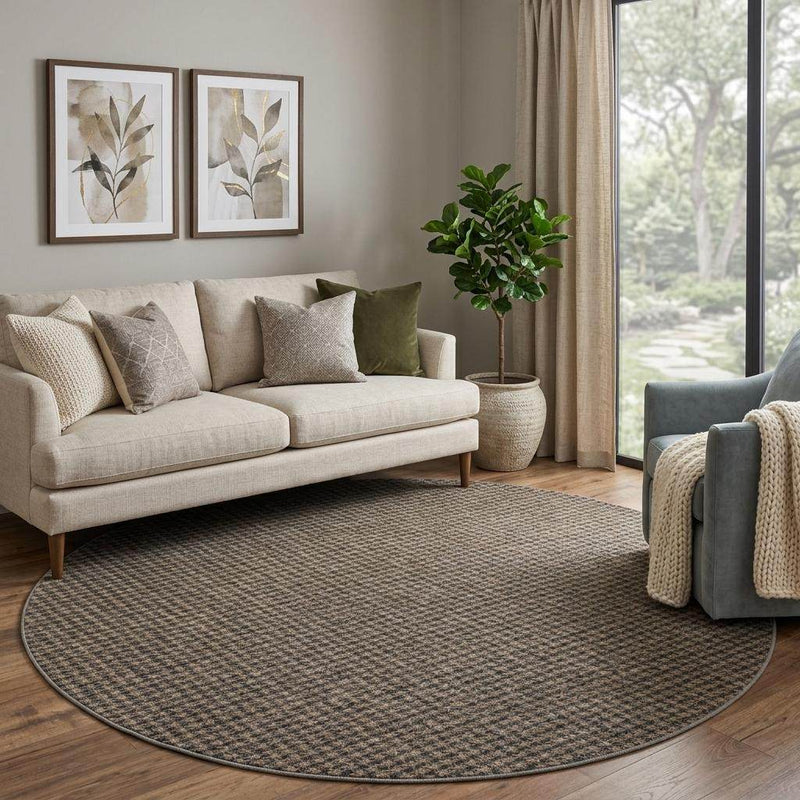 8' Chocolate And Black Houndstooth Shag Washable Round Rug With UV Protection - Home & Garden