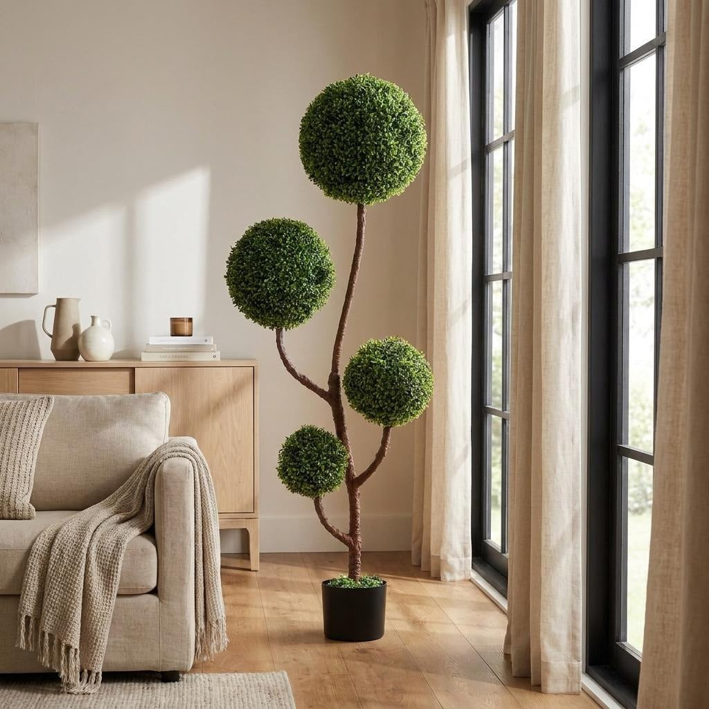 60" Green Artificial Boxwood Tree In Round Black Planter - Home & Garden