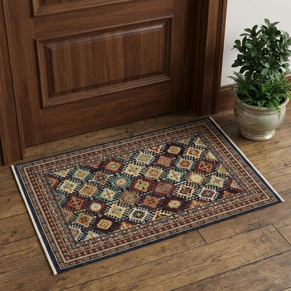 2' X 3' Navy Blue Oriental Area Rug With Fringe - Home & Garden