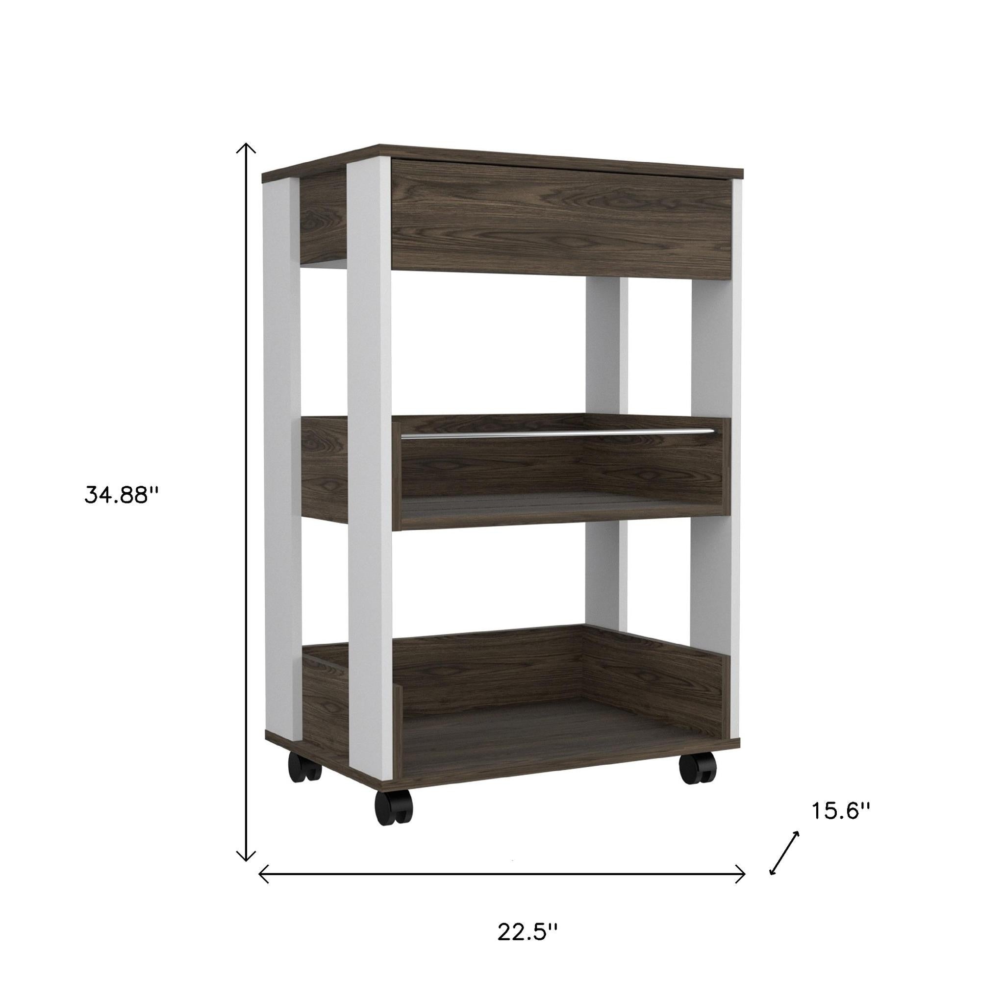 23" Dark Brown and White Wood Rolling Kitchen Cart With Storage - Kitchen & Dining