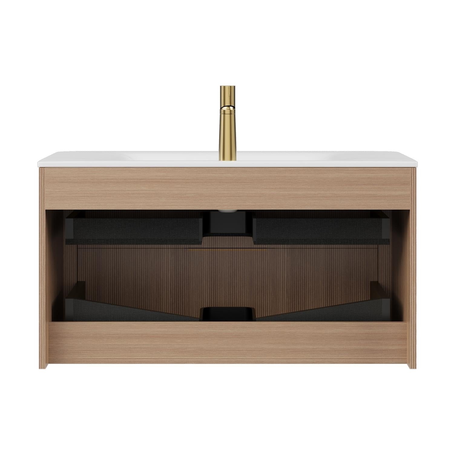 36" Brown Wood Floating Bathroom Vanity With White Sink And Two Drawers - Bed & Bath