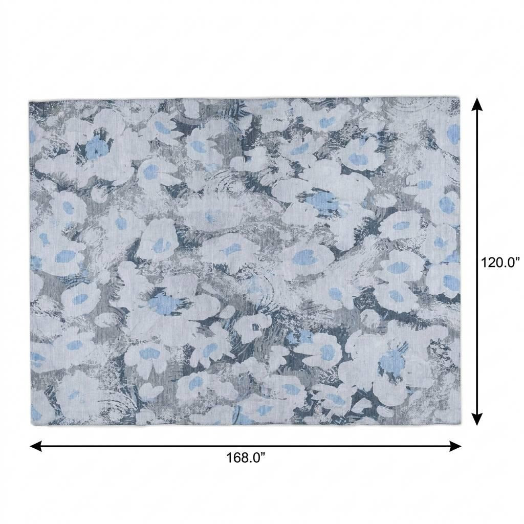 10' X 14' Denim Blue And Blue Floral Shag Washable Area Rug With UV Protection - Home & Garden