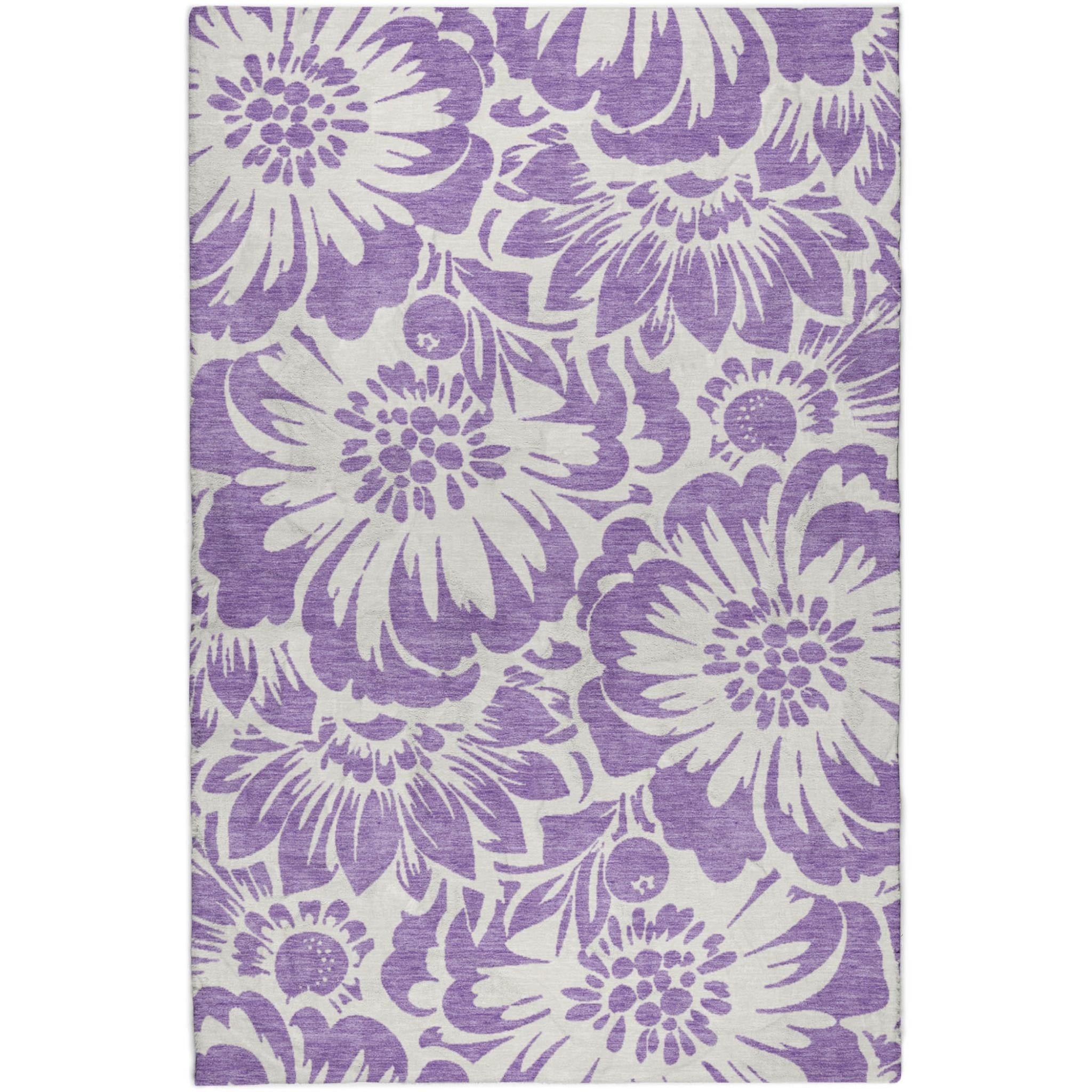 10' X 14' Purple And Ivory Floral Shag Washable Area Rug With UV Protection - Home & Garden