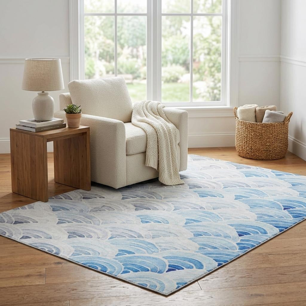 5' X 8' Blue And Denim Blue Geometric Shag Washable Area Rug With UV Protection - Home & Garden